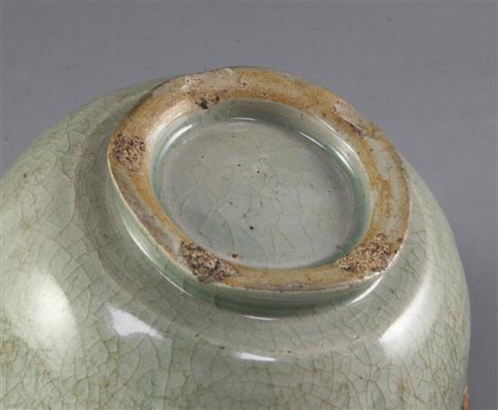 A celadon lobed bowl, possibly Korean, Goryeo dynasty (12th century), old gilt repairs to rim chips, diameter 15.5cm